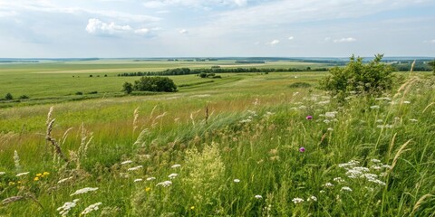Fototapeta premium A verdant field stretches out to the horizon, dotted with wildflowers and grasses that sway gently in the breeze, forming a natural boundary against the sky, landscape, naturephotography, botanical