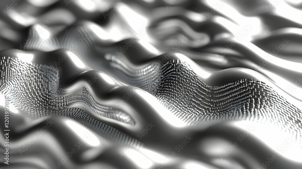 Poster abstract grayscale image of undulating, textured metallic surface; perfect for backgrounds or techno