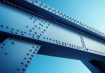 Fototapeta premium Close-Up Perspective of a Blue Steel Bridge Structure Featuring Rivets Against a Clear Sky for Industrial and Architectural Themes