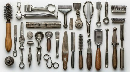 Hairdressing Tools Arranged Neatly: A Complete Set of Essential Styling Tools on a White Background