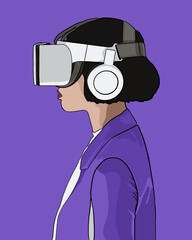 Woman in purple coat wearing AI goggles