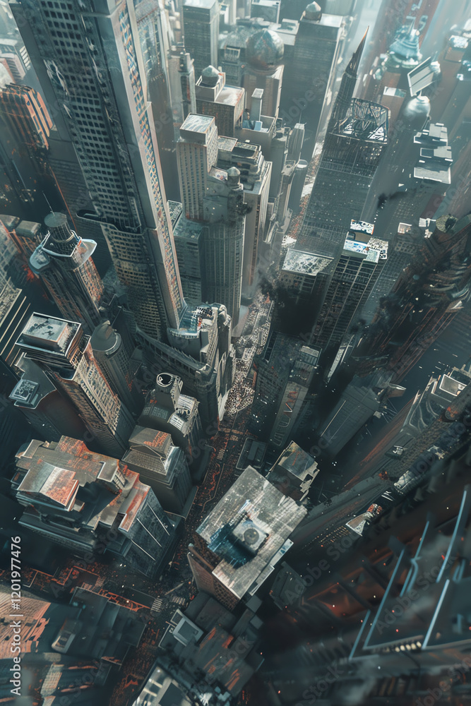 Aufkleber capture the haunting beauty of a dystopian cityscape from an aerial view using digital rendering tec