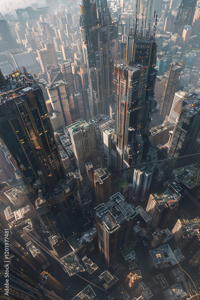 Aufkleber capture the haunting beauty of a dystopian cityscape from an aerial view using digital rendering tec