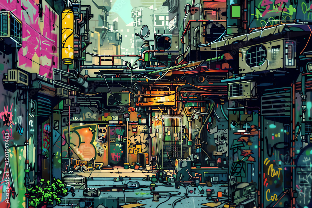 Poster capture the gritty essence of urban exploration in a worms-eye view use vibrant graffiti art influen