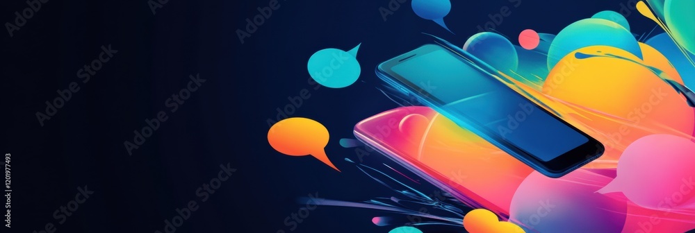 Aufkleber bright chat bubbles emerge from a smartphone illustrating vibrant communication in the digital age. 