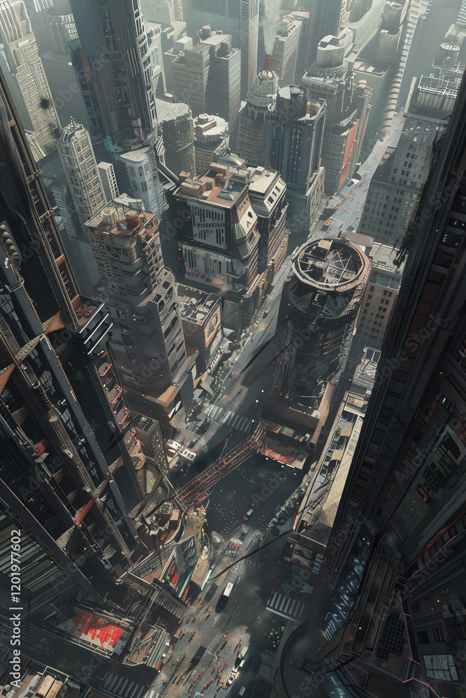 Aufkleber capture the haunting beauty of a dystopian cityscape from an aerial view using digital rendering tec