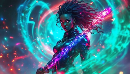 Cyberpunk Warrior Woman Digital Art Neon Lights