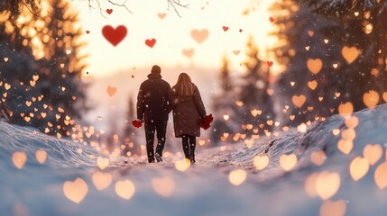 Couple walking on a snowy forest path, red roses in hand, surrounded by heart-shaped light flares for a dreamy Valentine vibe