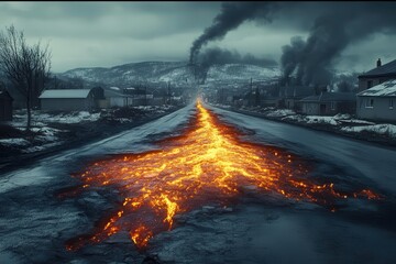 a dramatic urban landscape showing a massive crystalline fissure glowing with geothermal energy, splitting a modern city street