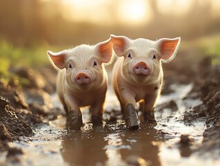 Piglets playing in mud puddle at sunset