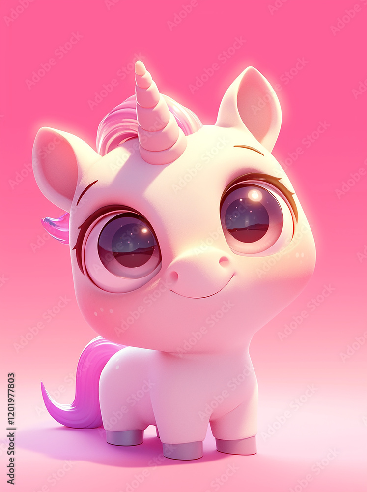 Poster a cute white unicorn with a pink horn and pink ears is smiling. the image has a playful and whimsica