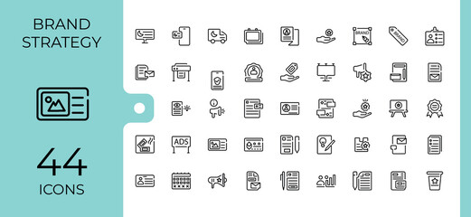 Branding linear icon collection. Includes thin line development, media, web, marketing, quality, loyal, stationery, customer. Collection for mobile and web apps. Editable stroke. Vector illustration.