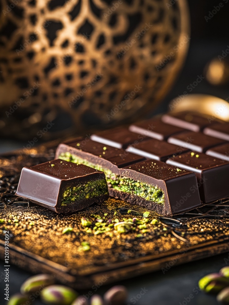 Poster decadent chocolate bar filled with creamy pistachio paste on intricate background. generative ai