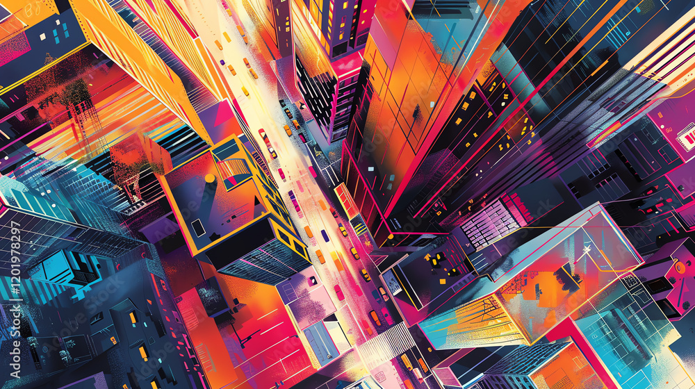 Poster capture the intricate patterns of a bustling city from a birds-eye view using bold colors and geomet