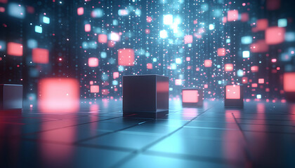 Abstract digital data visualization; glowing cubes and particles on a reflective surface, representing innovation, technology, and data flow.