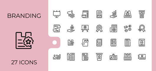 Branding linear icon collection. Includes thin line development, media, web, marketing, quality, loyal, stationery, customer. Collection for mobile and web apps. Editable stroke. Vector illustration.