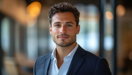 Fototapeta premium Confident Young Male Professional in Smart Suit Looks at Camera with Pleasant Expression in Modern Office Environment with Blurred Background