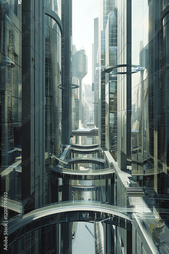 Poster capture the rear view of a sleek futuristic cityscape, intertwined with dystopian elements utilize p