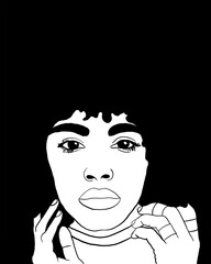 Woman with black hair in black and white colors