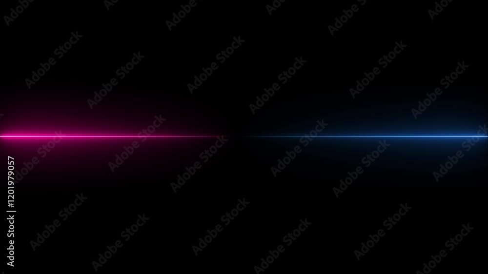 Poster horizontal neon line animation moving from right to left on black screen. straight neon lazer line c