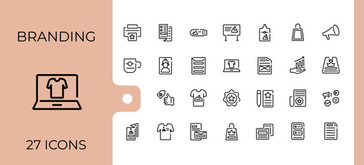 Branding linear icon collection. Includes thin line development, media, web, marketing, quality, loyal, stationery, customer. Collection for mobile and web apps. Editable stroke. Vector illustration.