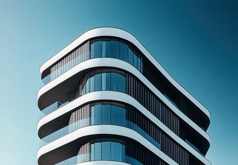 Contemporary Architectural Design Featuring Curved Facade and Glass Elements Against Clear Blue Sky in Urban Environment