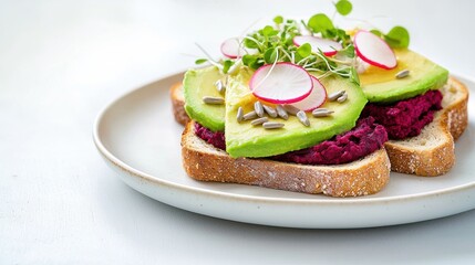 Breakfast and brunch trends. Fresh avocado toast topped with radishes and microgreens on whole grain bread.