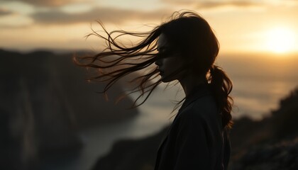 Sunset Silhouette Woman Ocean View Dramatic Hair