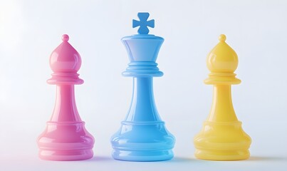 Pastel pink, blue, yellow chess pieces.