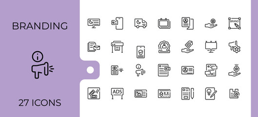 Branding linear icon collection. Includes thin line development, media, web, marketing, quality, loyal, stationery, customer. Collection for mobile and web apps. Editable stroke. Vector illustration.