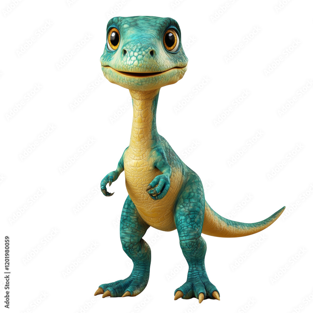Poster a digitally rendered image of a cute baby dinosaur standing on a white background, showing a friendl