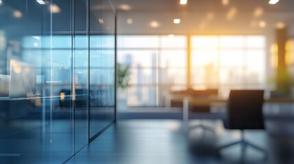 Abstract background of a corporate office with a blue-tinted window highlights modern architecture and professionalism, showing how light and transparency enhance the workspace experience.