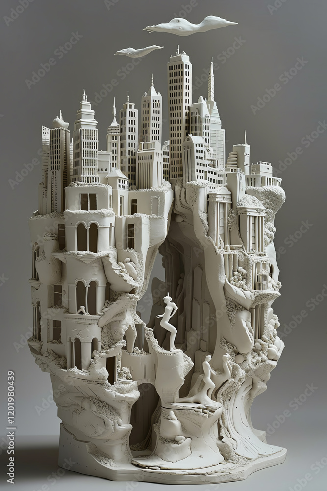 Poster craft a detailed clay sculpture capturing a dystopian cityscape with towering buildings and intricat
