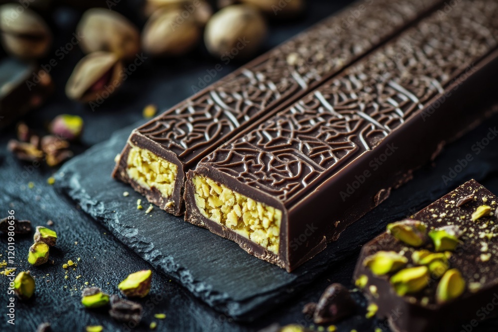 Poster exquisite chocolate bars with pistachio filling elegantly displayed on a golden plate framed by intr