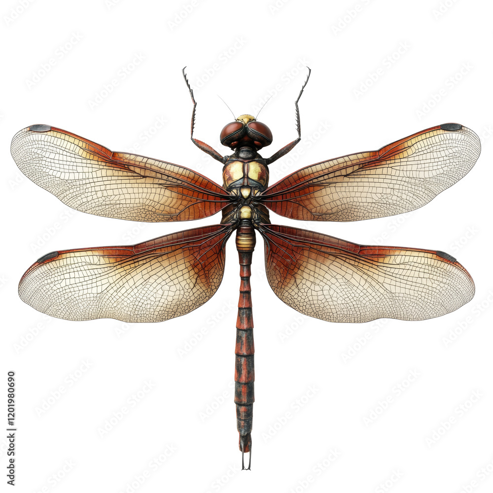 Poster a detailed image showcases a dragonfly specimen from a top-down perspective against a white backgrou