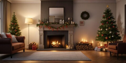 A warm and inviting living room with a fireplace and Christmas decorations, soft lighting, fire pit