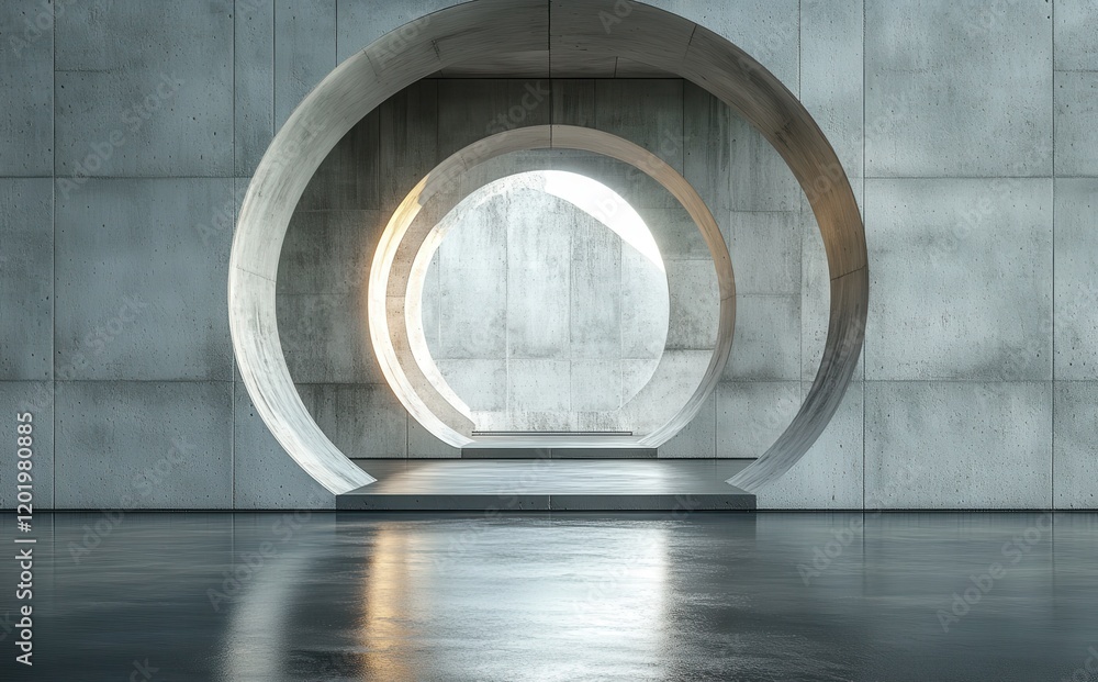 Poster contemporary minimalist architectural design featuring circular concrete structures and reflected li