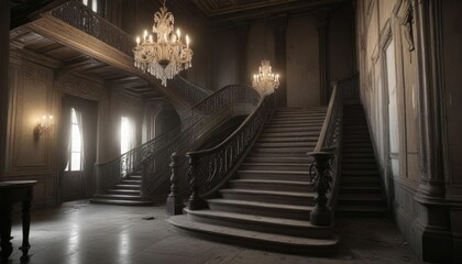 Fototapeta premium Abandoned grand staircase with faded chandeliers , dusty decor, worn stone steps, ornate details