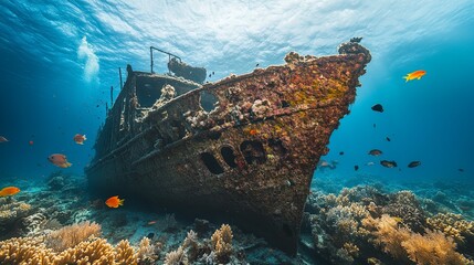 A mysterious underwater shipwreck teeming with marine life and coral.
