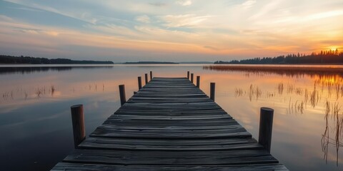 Abandoned wooden dock on a quiet lake at sunset, dock, water, golden hour