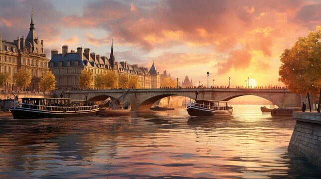 Dramatic sunset over river Seine and Conciergerie in Paris, France, with cruise boats  HD 8K wallpaper Stock Photographic Image