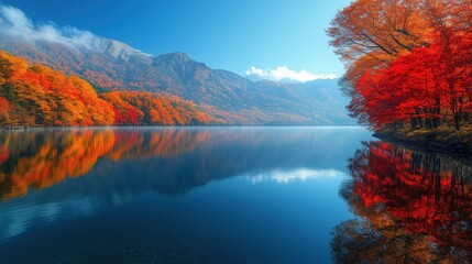 Autumn Serenity: A tranquil scene unfolds as vibrant hues of red, orange, and yellow paint the mountains and reflect on the still blue lake, capturing the essence of a picturesque autumn landscape. 