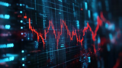 Red and blue stock chart with fluctuating lines on a black background for financial analysis