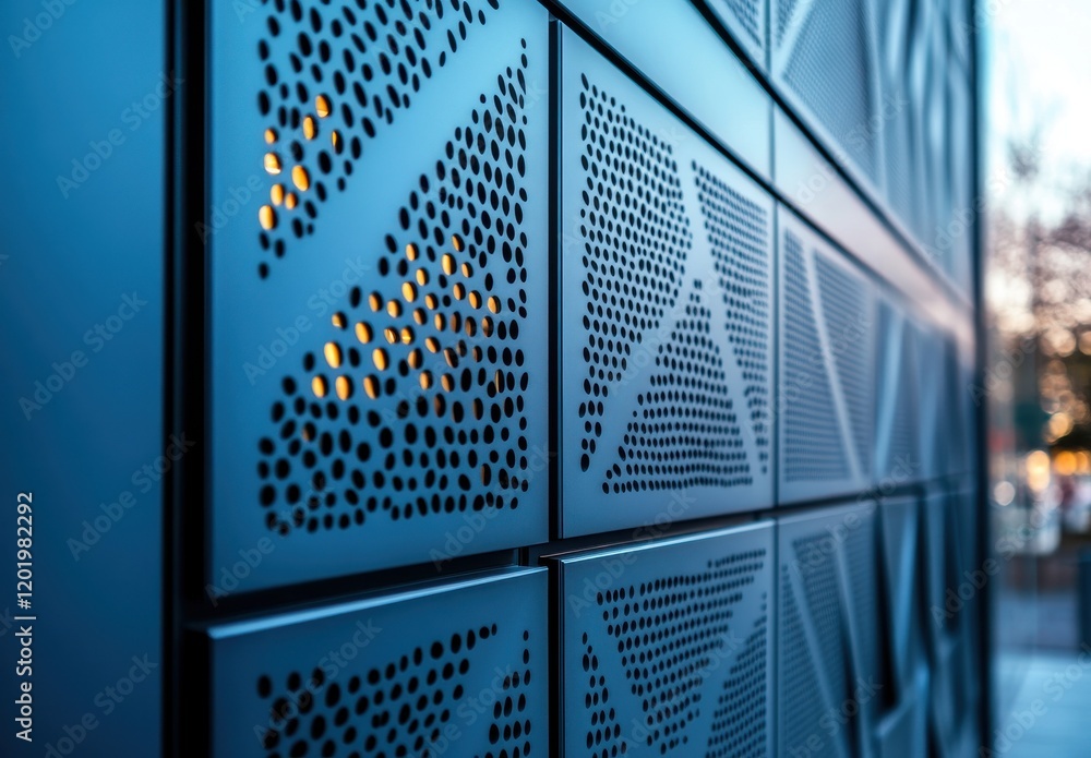 Poster detailed close-up of a modern architectural façade featuring perforated metal panels with intricate 
