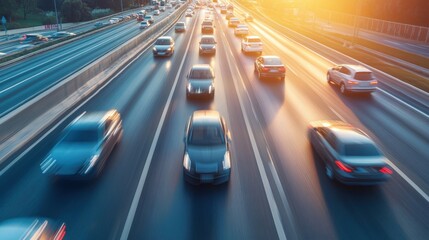 An urban scene with cars speeding on an asphalt road during rush hour, capturing city transport and the impact of vehicles on modern infrastructure and fuel consumption