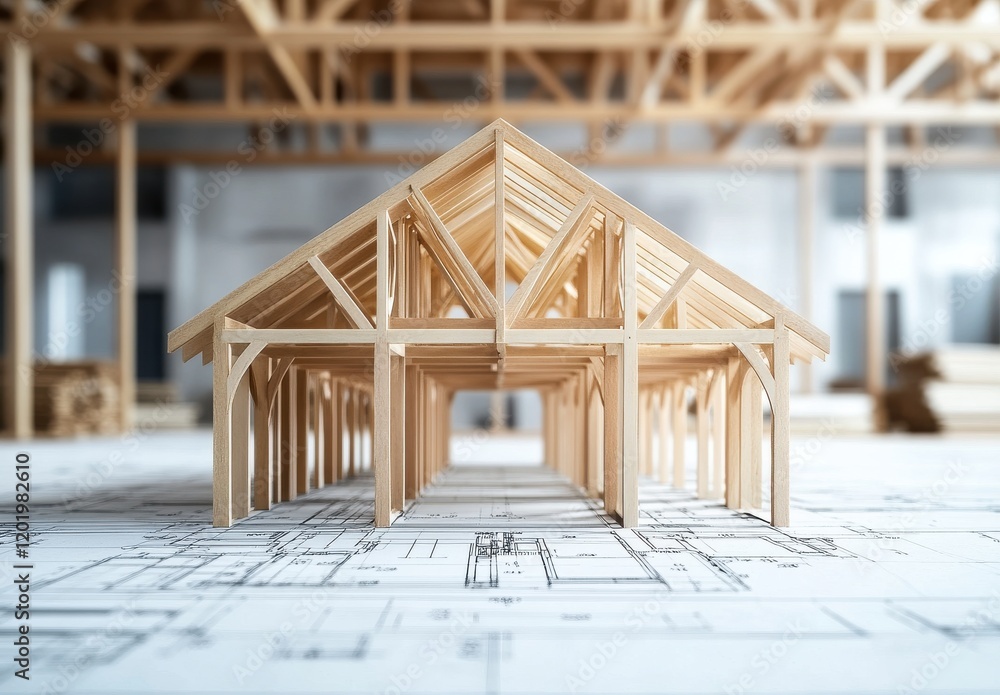 Poster detailed model of wooden structure with exposed beams on blueprint background, showcasing architectu
