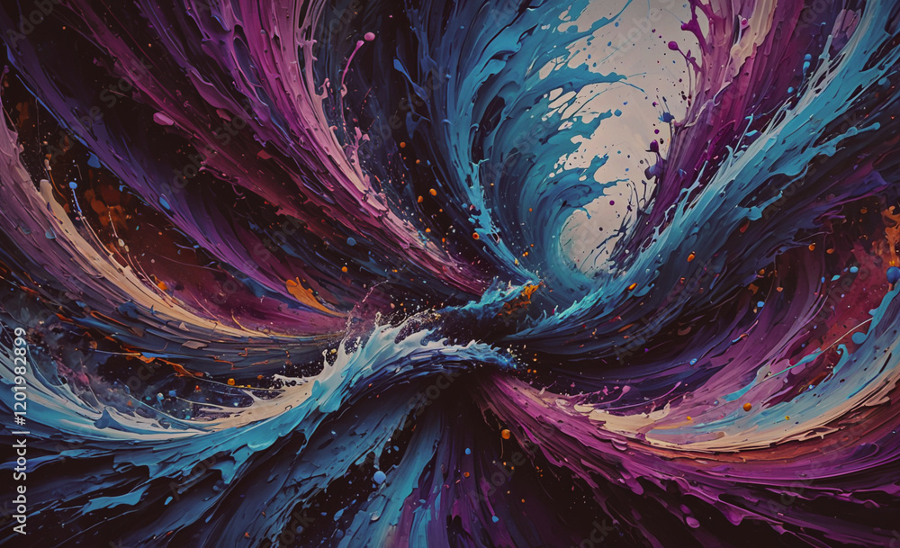 Poster a colorful painting of a wave with a splash of purple and blue. the painting is abstract and has a s