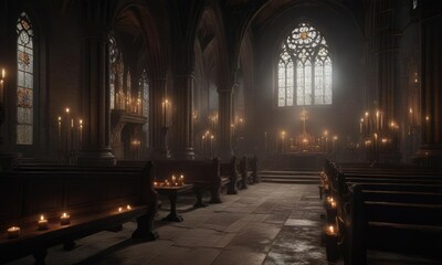 A quiet moment of reflection in a darkened church with candles and incense, peaceful atmosphere, candlelight, contemplative mood