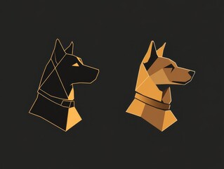 Minimalist polygonal dog logo with geometric shapes, negative space contour, and a bold gold collar contrasted by brown, perfect for modern branding and digital design.