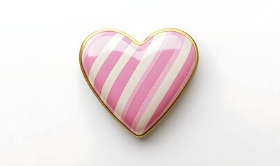 Fototapeta premium Pink and white striped heart with gold trim on white background.